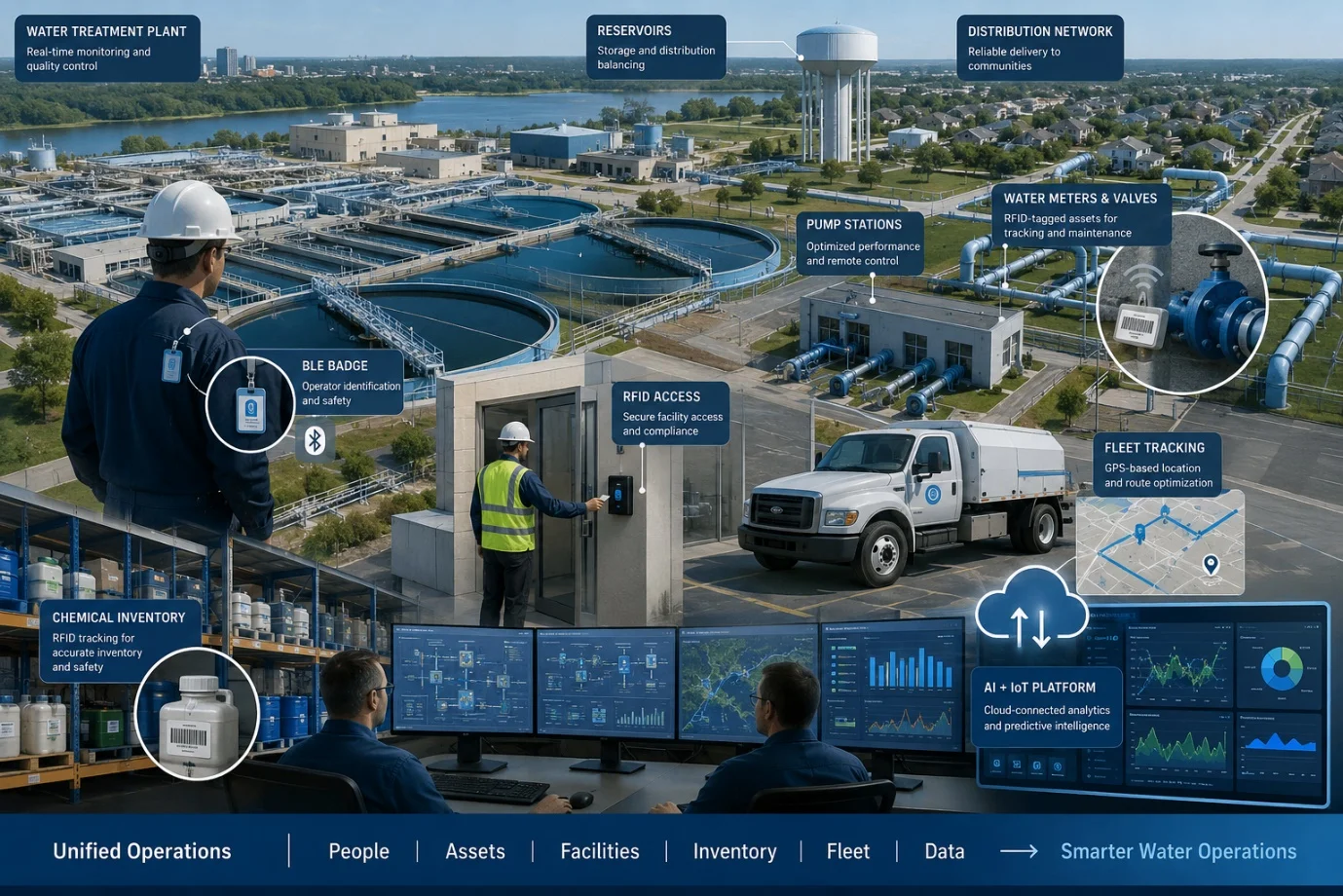 Photorealistic illustration of a municipal water treatment facility connected to reservoirs, pump stations, distribution networks, RFID-tagged water assets, BLE-enabled personnel, GPS-tracked fleet vehicles, chemical inventory warehouses, secure access control points, SCADA control rooms, and cloud-based AI operational dashboards.